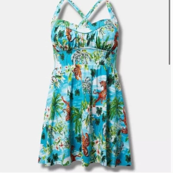 Torrid NWT Retro Wireless Long Ruched Swim Dress 3X Tiger Tropic Print Colorful - Picture 2 of 16
